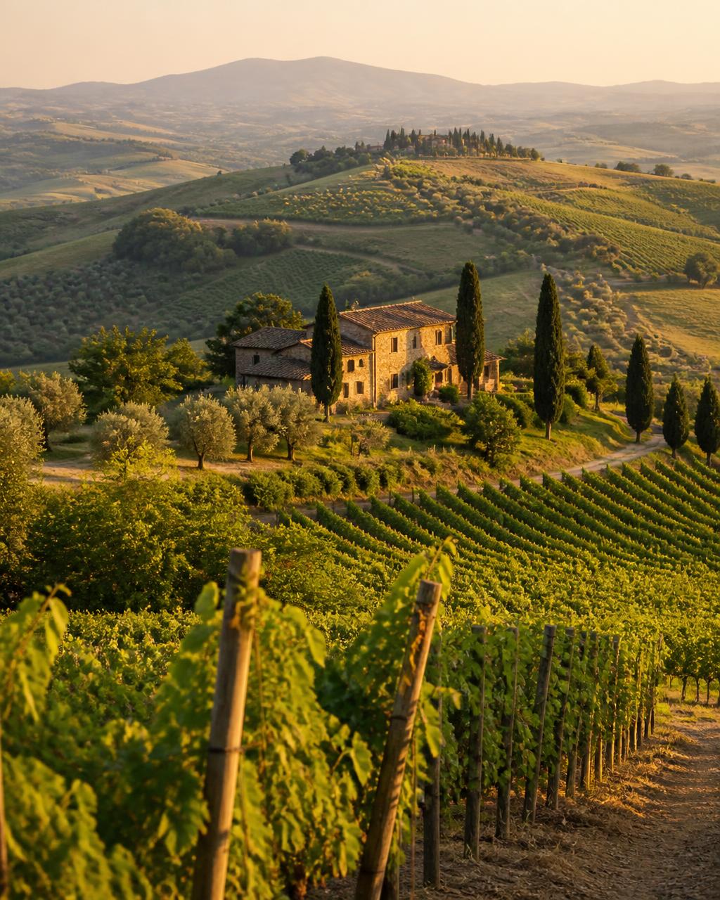 Rolling Tuscan hills and cypress trees at dusk