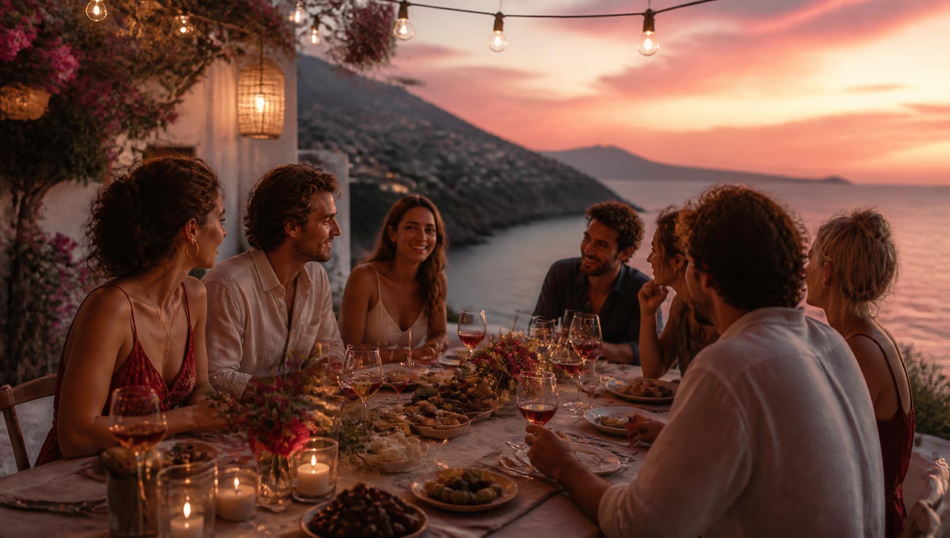Friends sharing wine at a long table at sunset